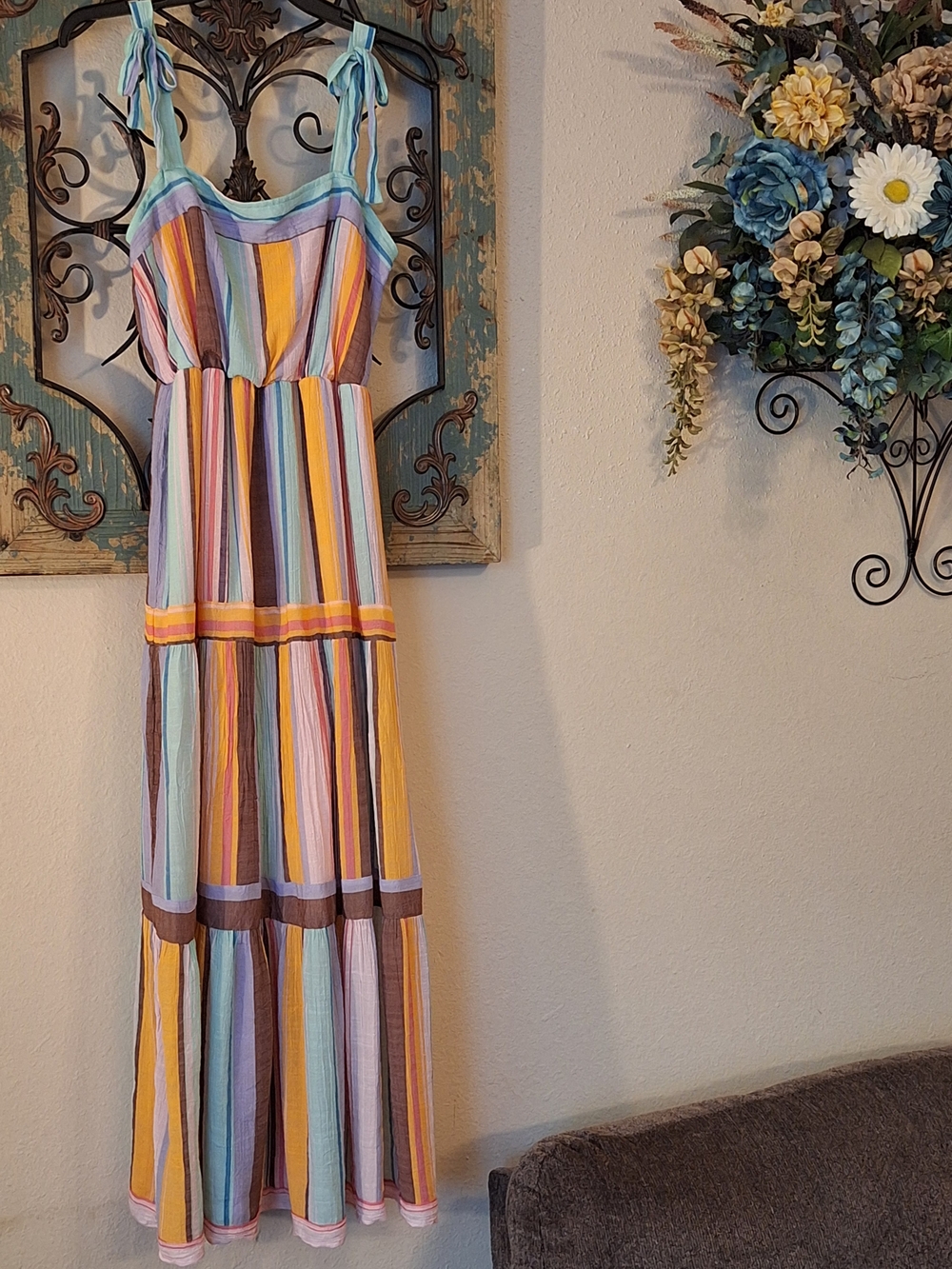 Striped Pastel Tiered Maxi Dress with Adjustable Straps. Size Medium - Picture 5 of 12